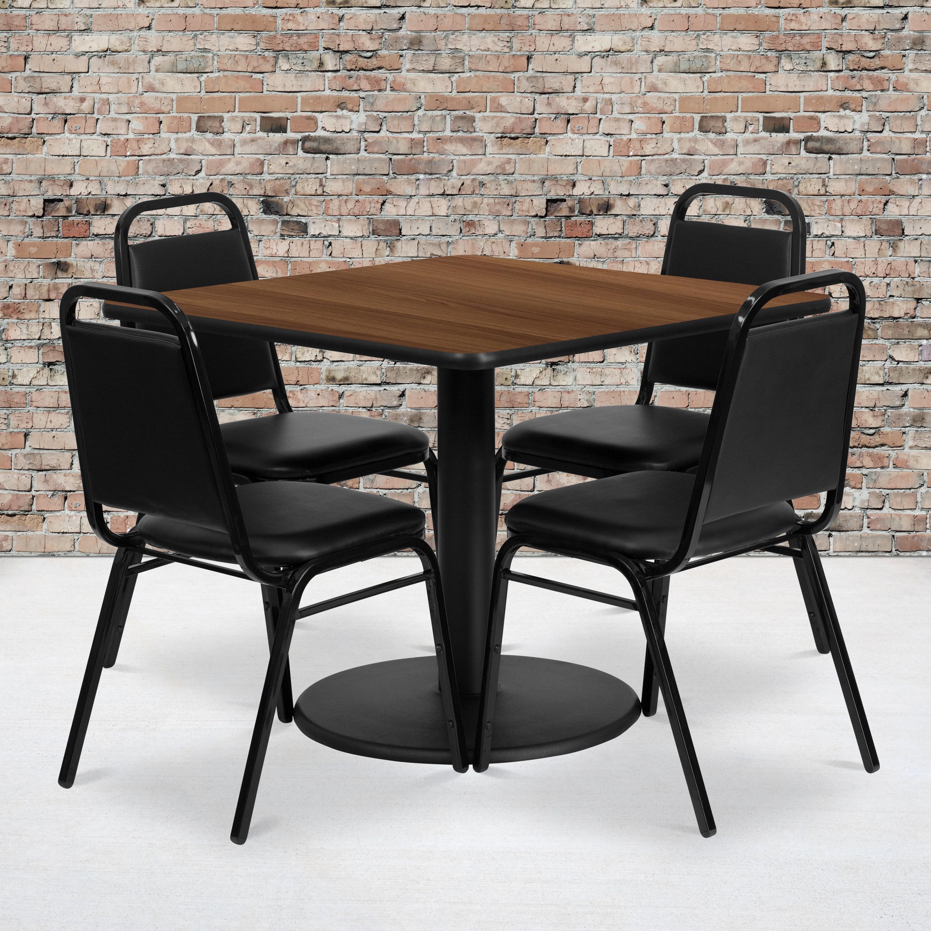 Jamie 36'' Square Table Set with Round Base and 4 Trapezoidal Back Banquet Chairs