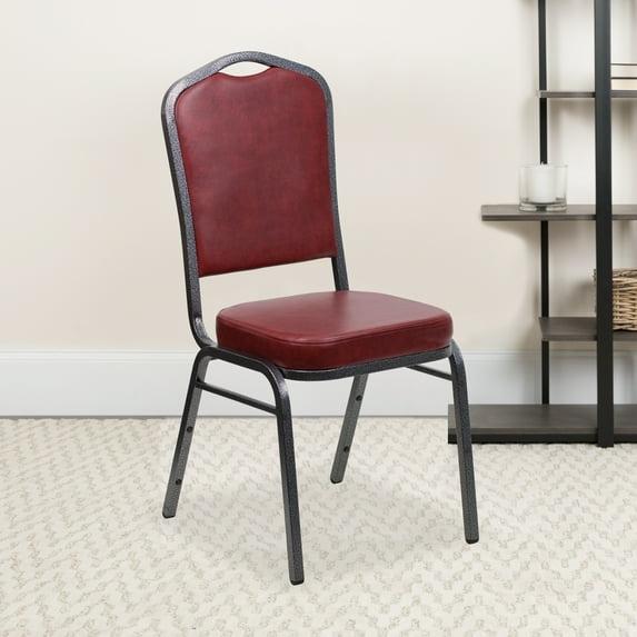 BizChair 4 Pack Crown Back Stacking Banquet Chair in Burgundy Vinyl - Silver Vein Frame