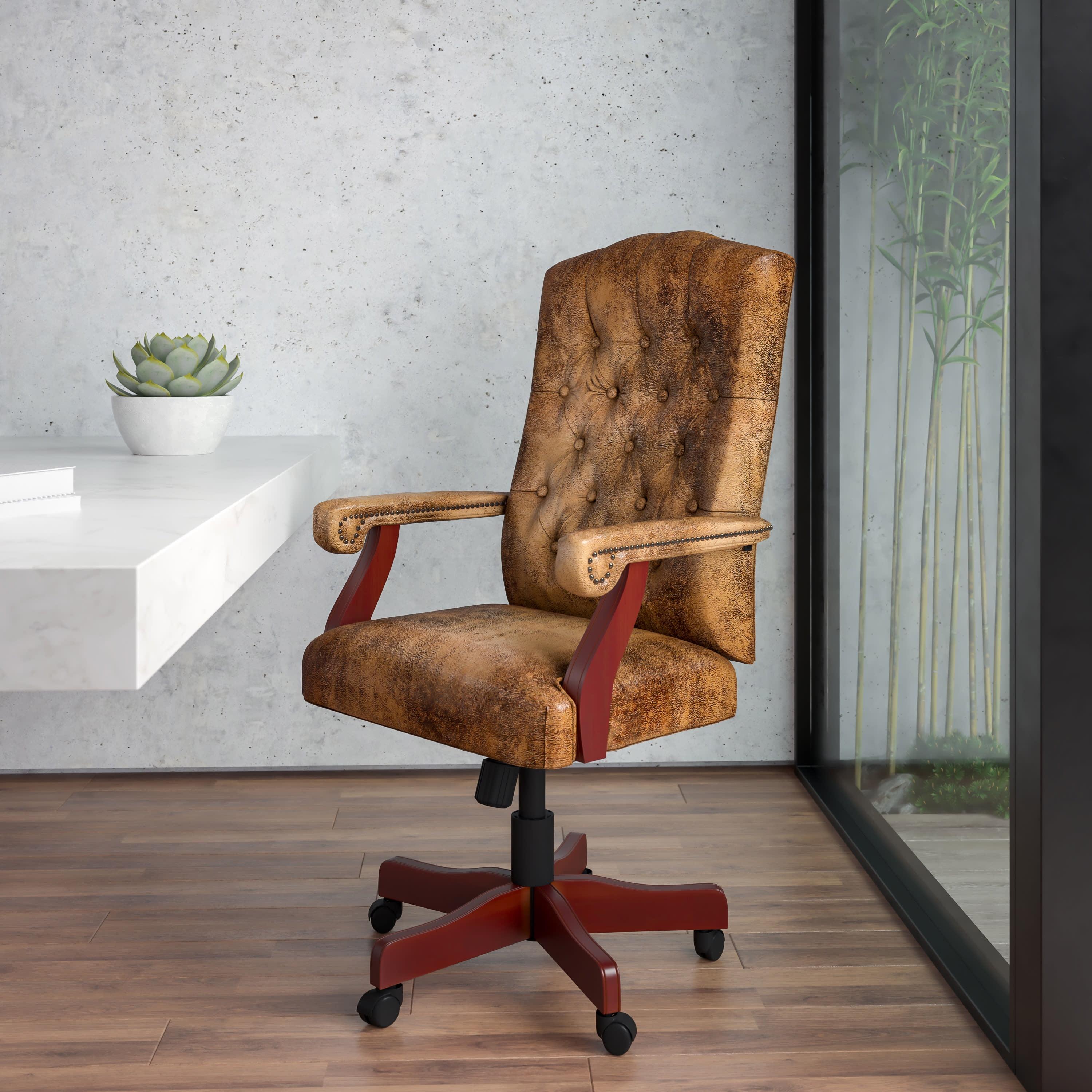 Rustic Brown Leather Executive Swivel Office Chair with Arms