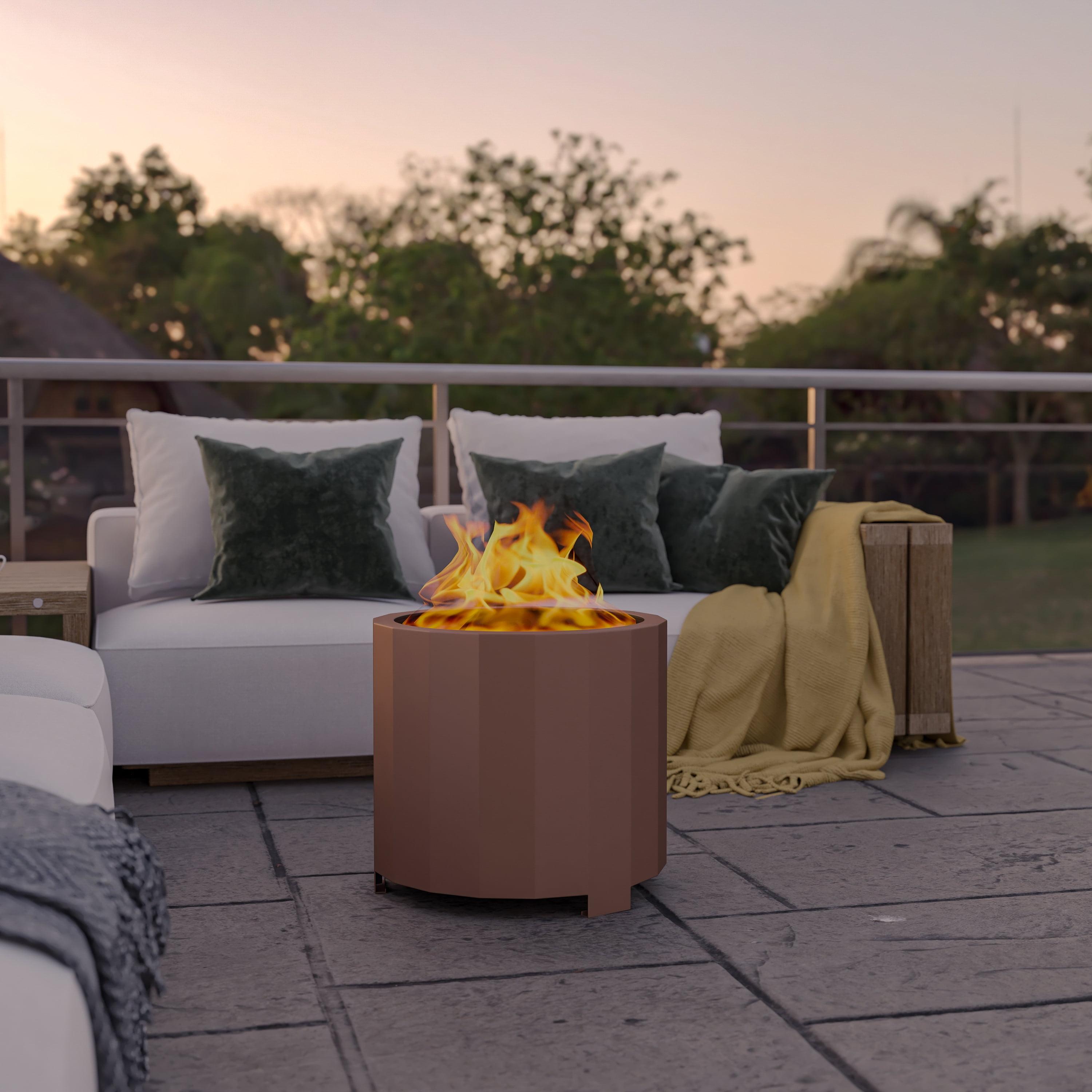 BizChair Commercial Grade 19.5 inch Smokeless Outdoor Firepit, Natural Wood Burning Portable Fire Pit With Waterproof Cover, Bronze