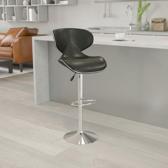 Flash Furniture Contemporary Cozy Mid-Back Black Vinyl Adjustable Height Barstool with Chrome Base