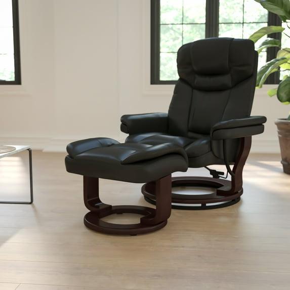 Flash Furniture Contemporary Multi-Position Recliner and Curved Ottoman with Swivel Mahogany Wood Base in Black LeatherSoft