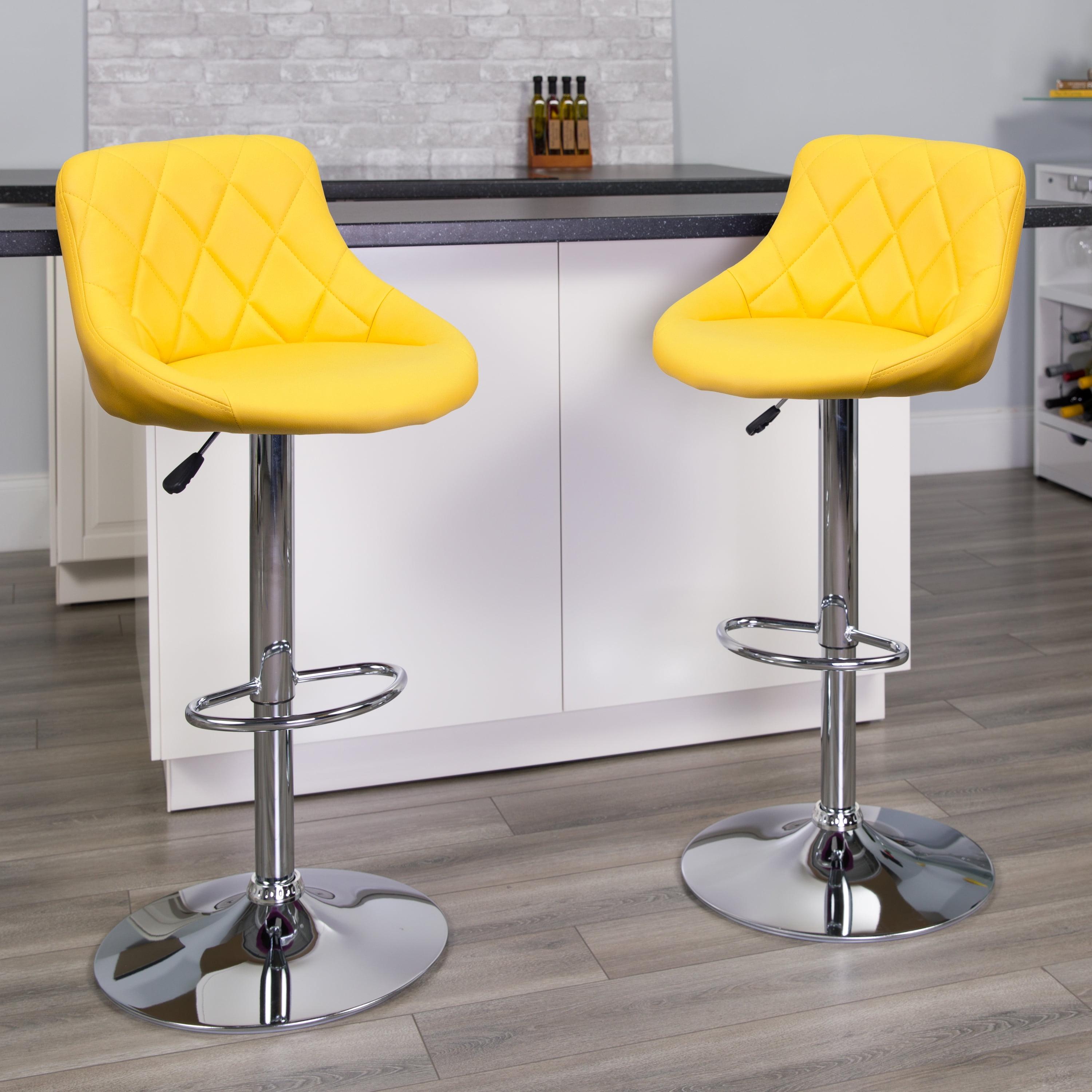 Retro Charm Yellow Vinyl Adjustable Swivel Bar Stool with Chrome Base