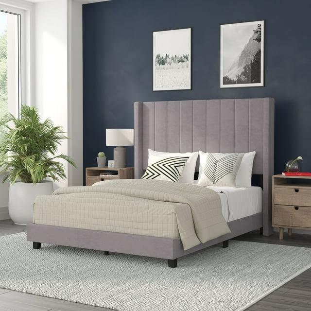 BizChair Full Upholstered Platform Bed with Vertical Stitched Wingback Headboard, Slatted Mattress Foundation, No Box Spring Needed, Gray Velvet