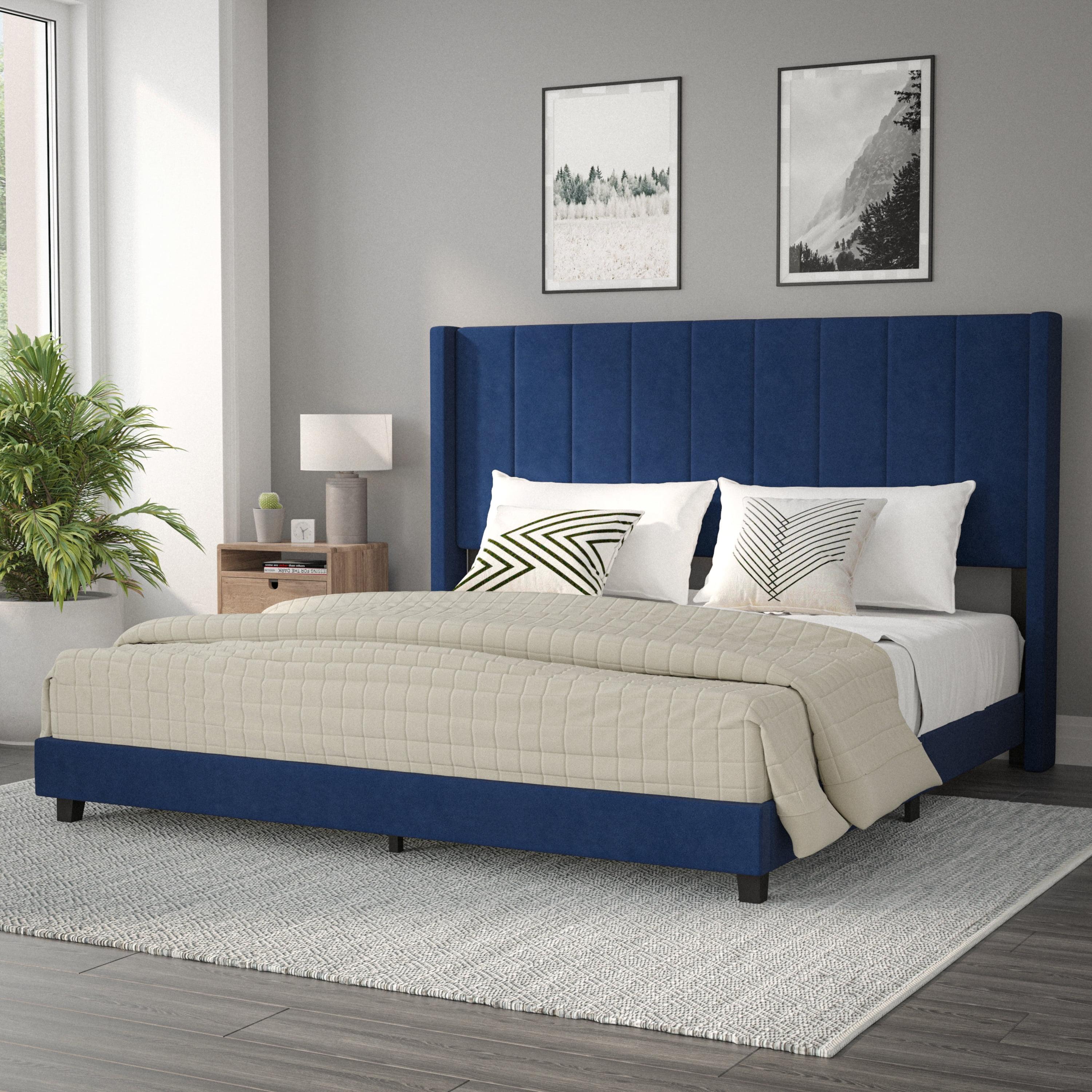 BizChair King Upholstered Platform Bed with Vertical Stitched Wingback Headboard, Slatted Mattress Foundation, No Box Spring Needed, Navy Velvet