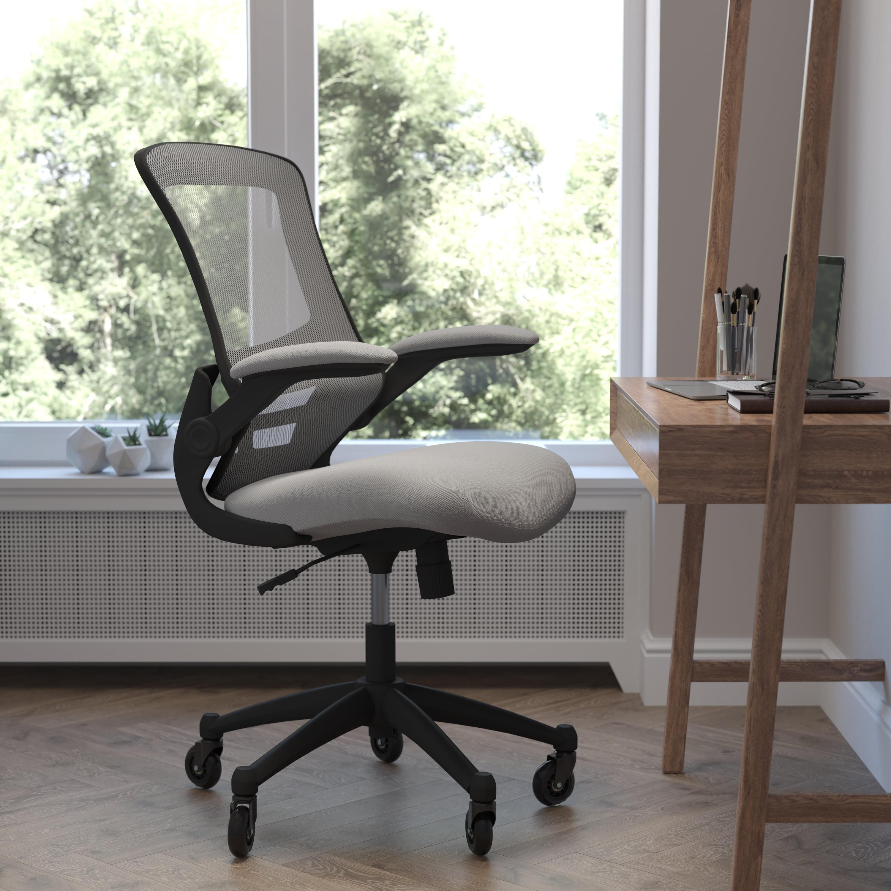BizChair Mid-Back Dark Gray Mesh Swivel Ergonomic Task Office Chair with Flip-Up Arms and Transparent Roller Wheels