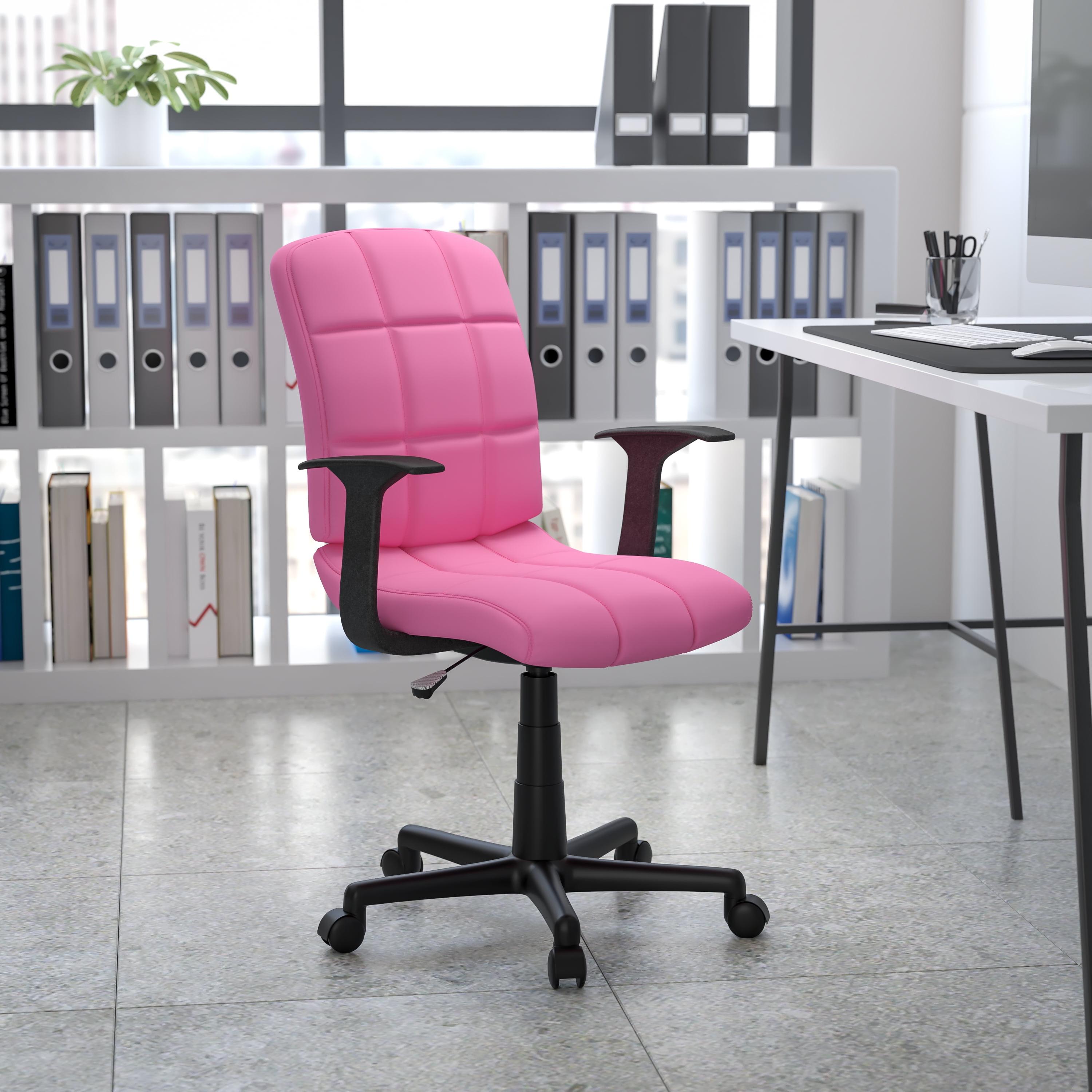 Elegant Mid-Back Pink Quilted Vinyl Swivel Task Chair with Arms