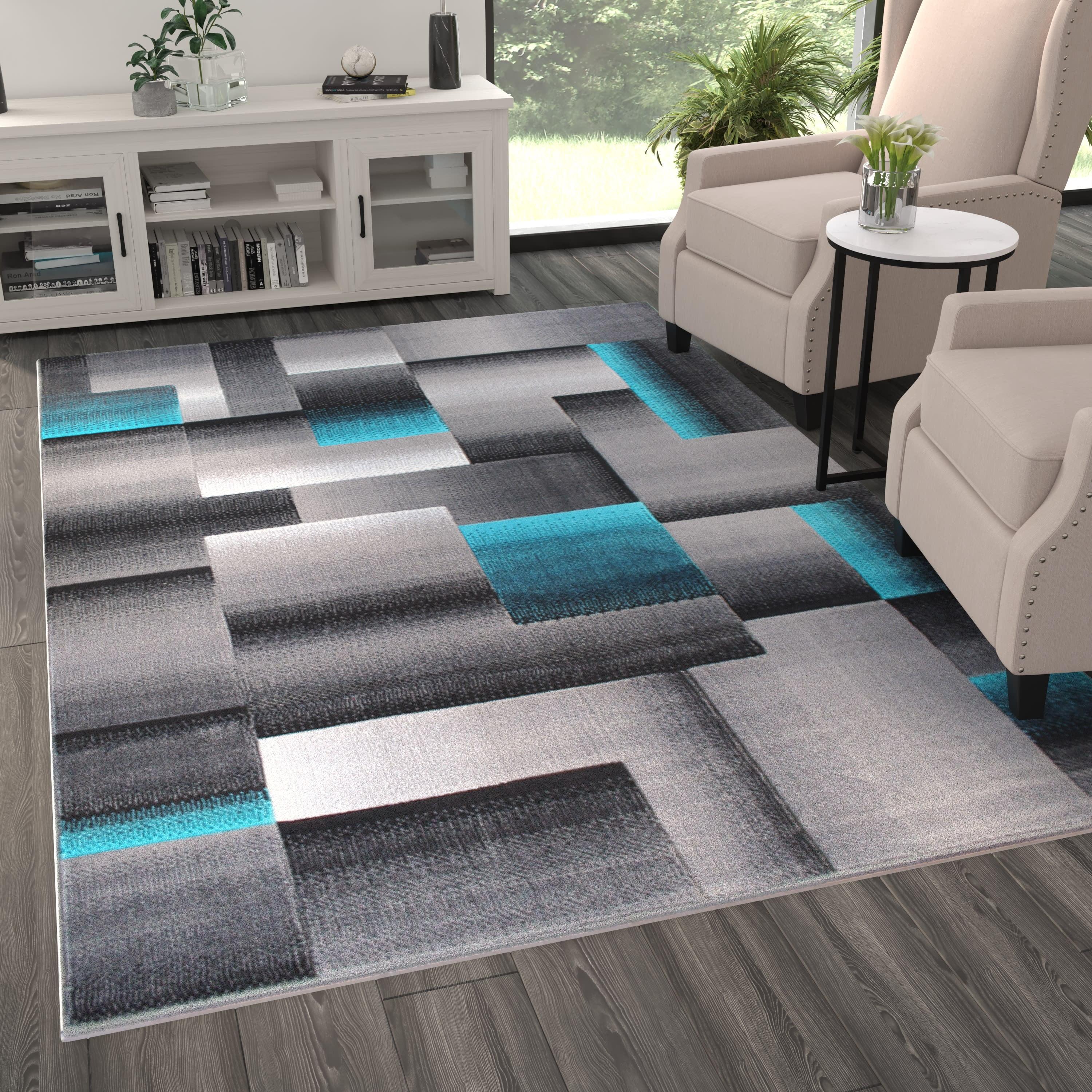 Turquoise and Gray Geometric Indoor/Outdoor Area Rug 6' x 9'