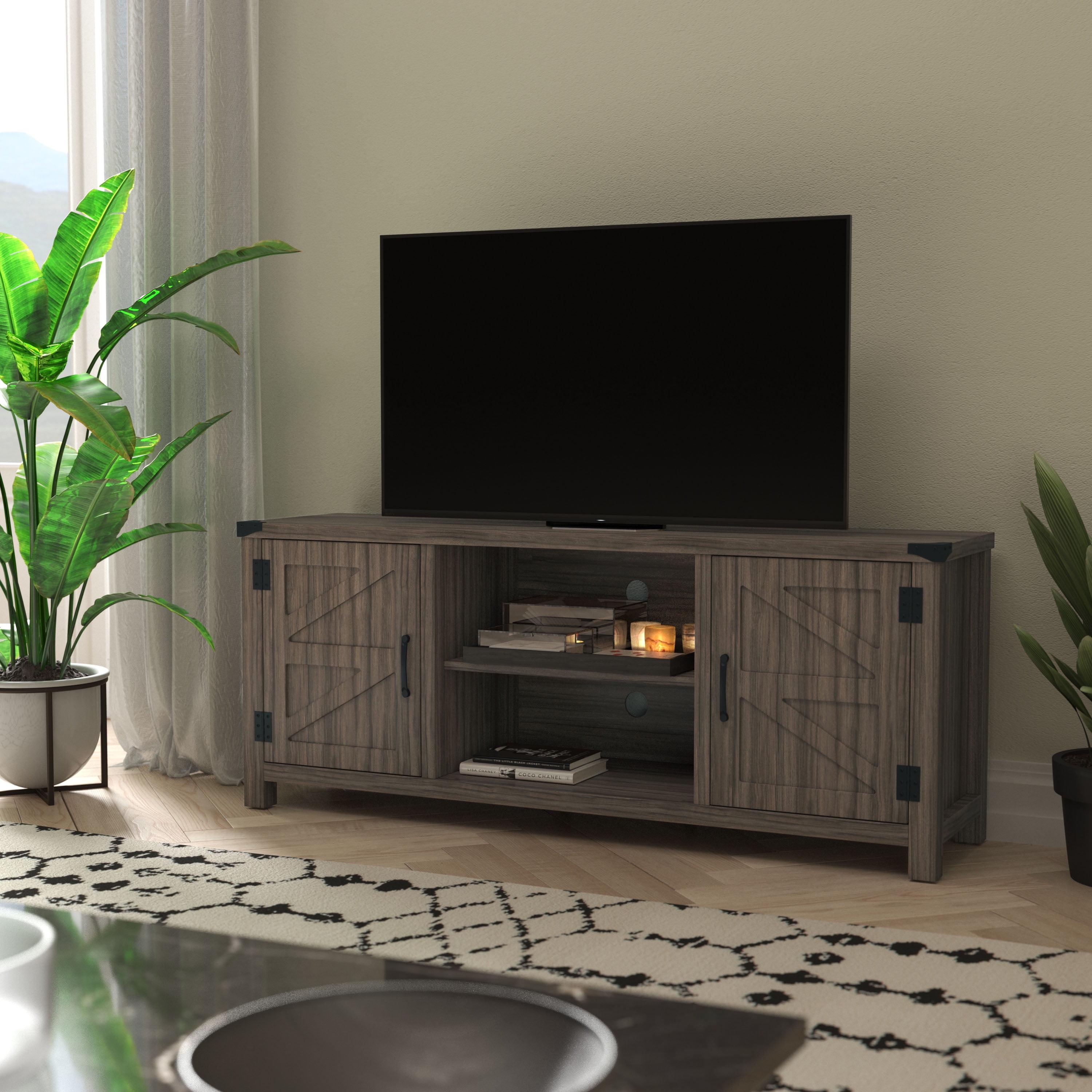 BizChair Modern Farmhouse Barn Door TV Stand - Gray Wash Oak for TV's up to 65 Inches - 59" Entertainment Center with Adjustable Shelf