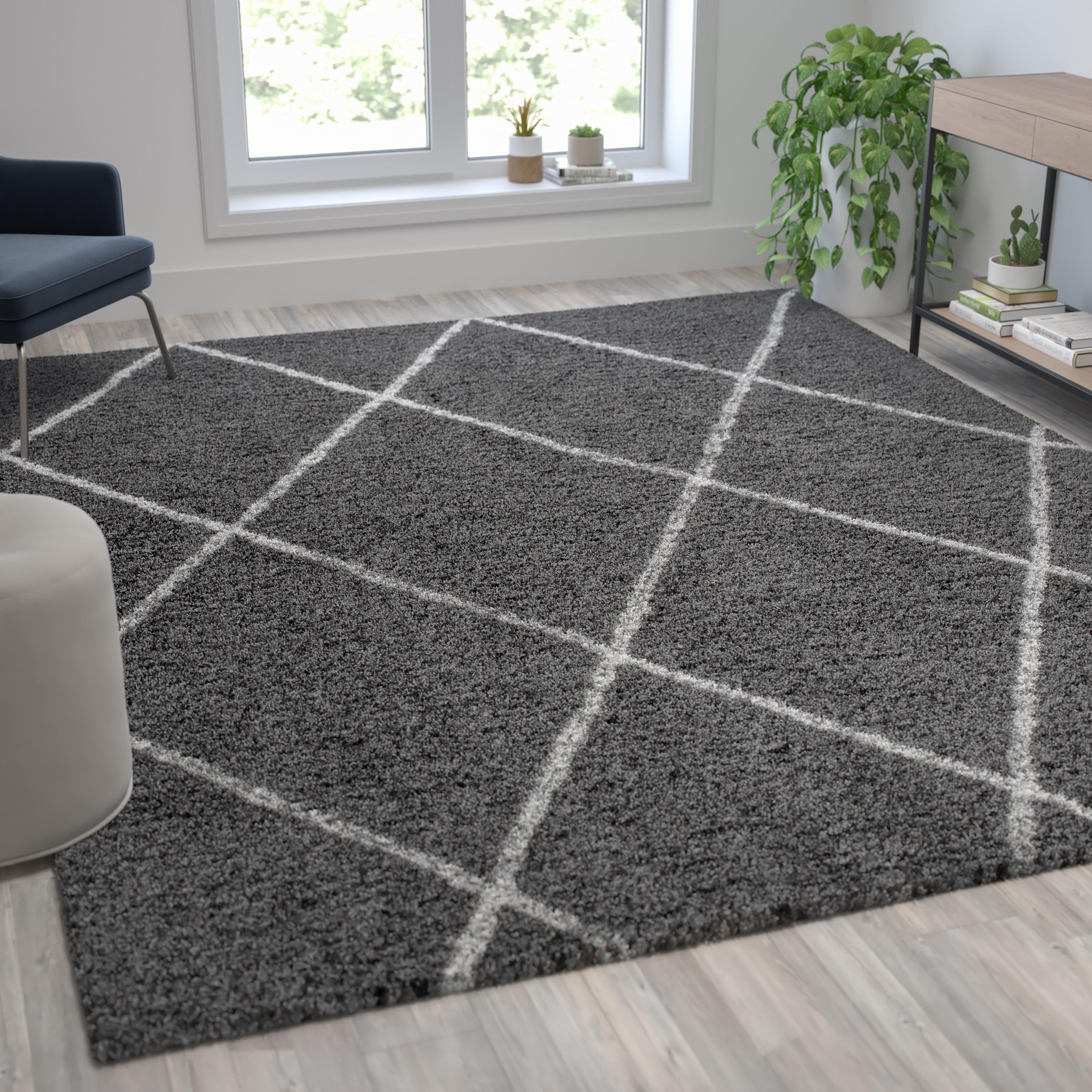 BizChair Shag Style Diamond Trellis Area Rug - 8' x 10' - Charcoal/Ivory Polyester (PET)