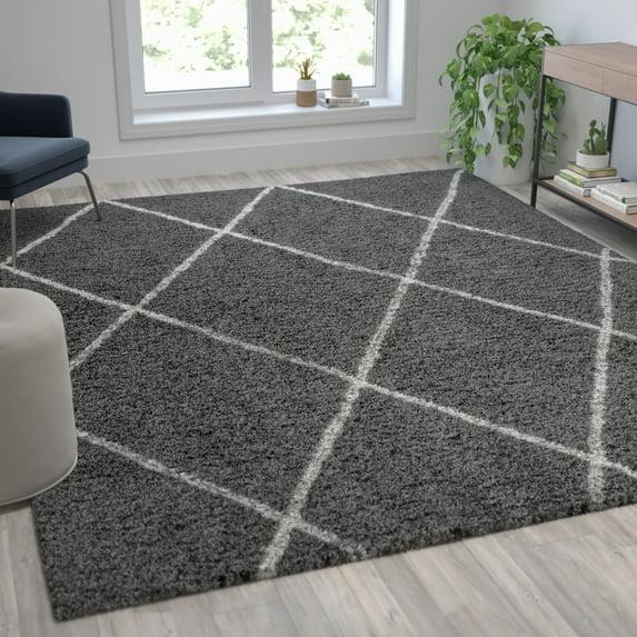 BizChair Shag Style Diamond Trellis Area Rug - 8' x 10' - Charcoal/Ivory Polyester (PET)