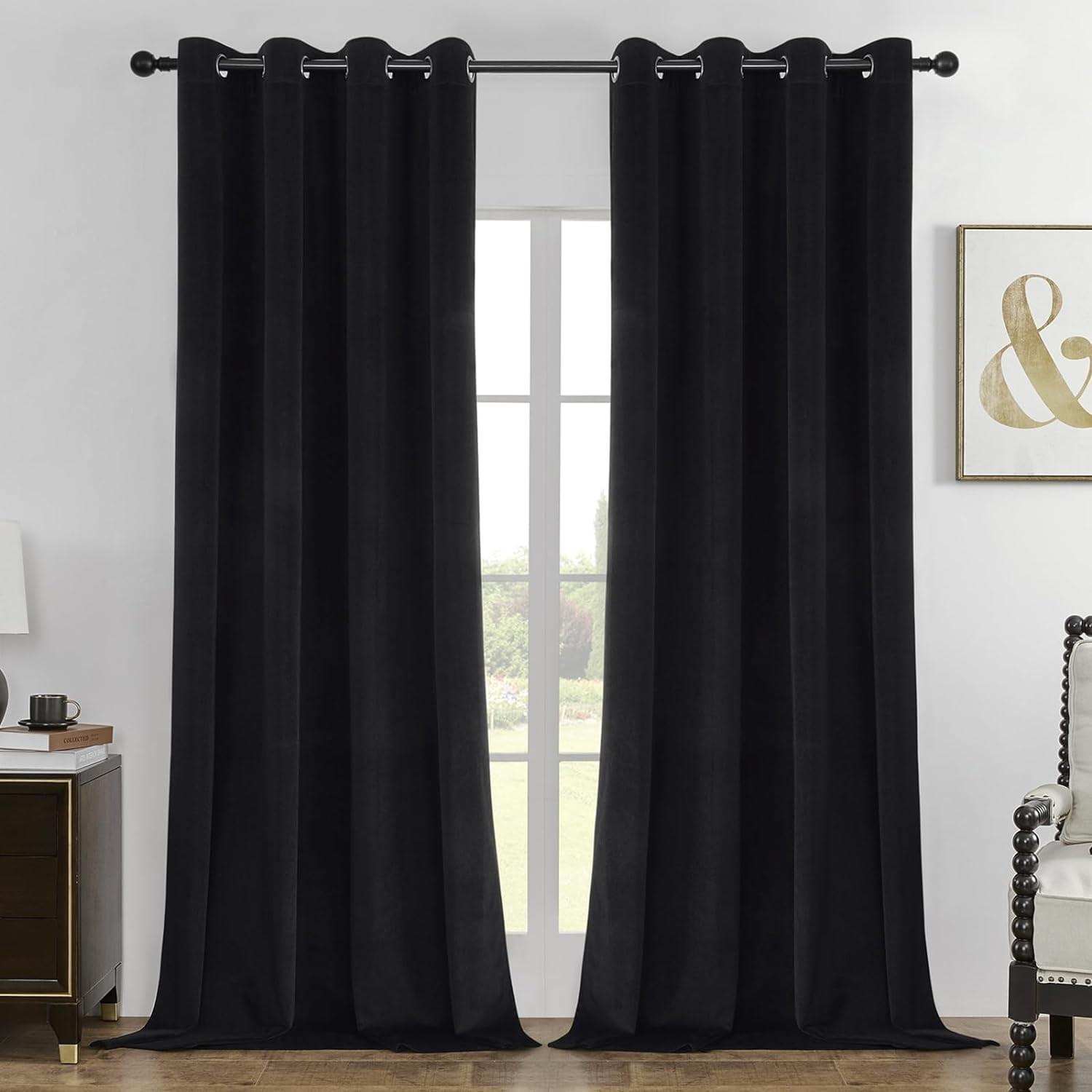 JIUZHEN Black Velvet Curtains for Living Room -96 inches Long Rod Pocket Thermal Insulated Room Darkening Window Drapes for Bedroom, Set of 2 Panels with Tiebacks, 52 x 96 inches