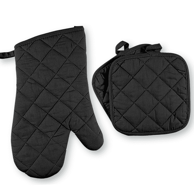 Black 3pc Set Oven Mitt with Potholders for Cooking, Baking, Grilling & Kitchen by Osnell USA
