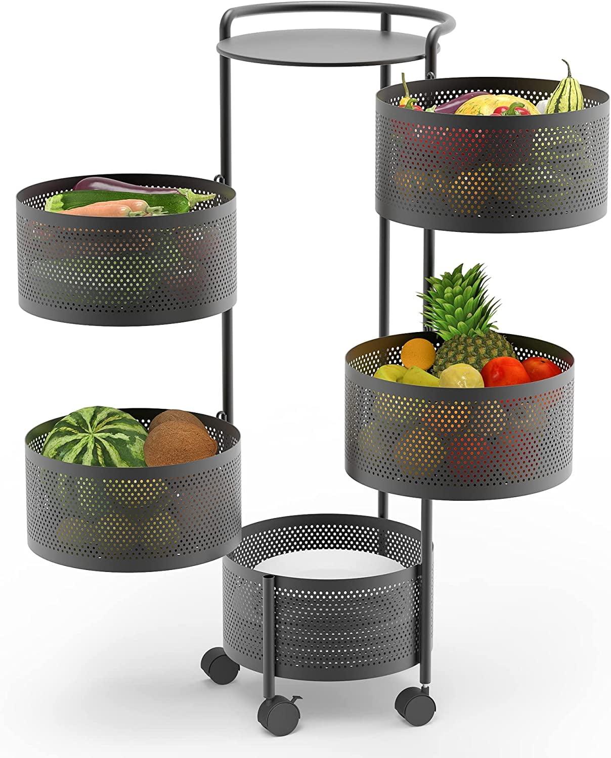 Jaq 5-Tier Black Metal Rotating Kitchen Storage Rack with Casters