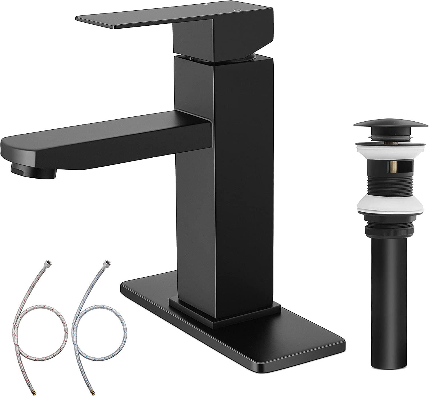 Black Bathroom Faucet with Sink Pop up Drain,Stainless Steel Bathroom Faucets for Sink 1 or 3 Holes, Matte Black Vanity RV Lavatory Faucet with Single Handle, Deck Plate, Water Supply Hoses