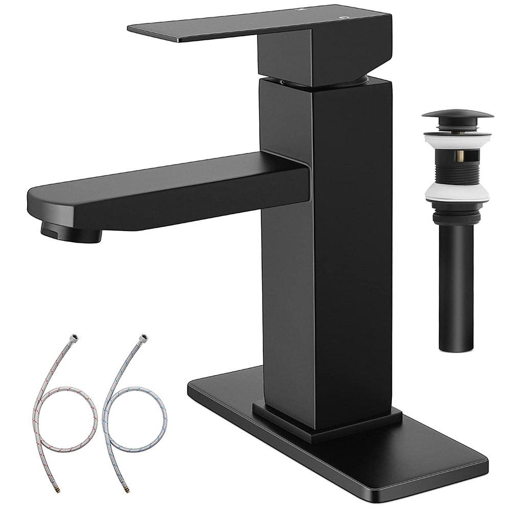 Black Bathroom Faucet with Sink Pop up Drain,Stainless Steel Bathroom Faucets for Sink 1 or 3 Holes, Matte Black Vanity RV Lavatory Faucet with Single Handle, Deck Plate, Water Supply Hoses