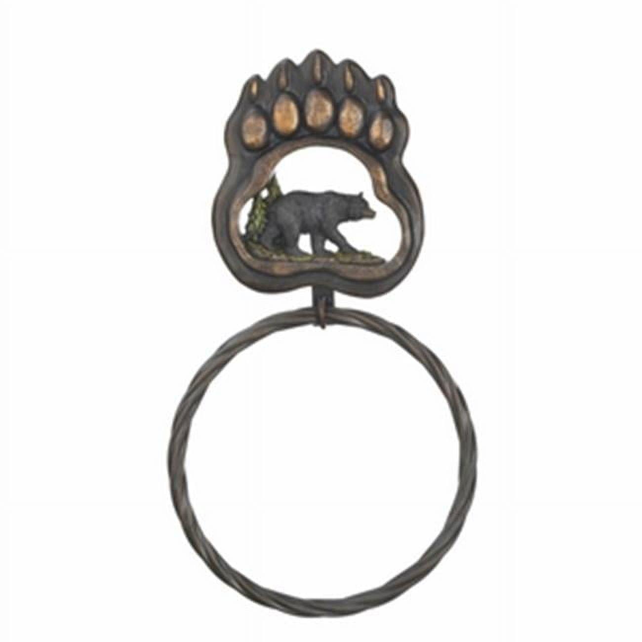 Black Bear Paw Iron Towel Ring with Woodland Scene