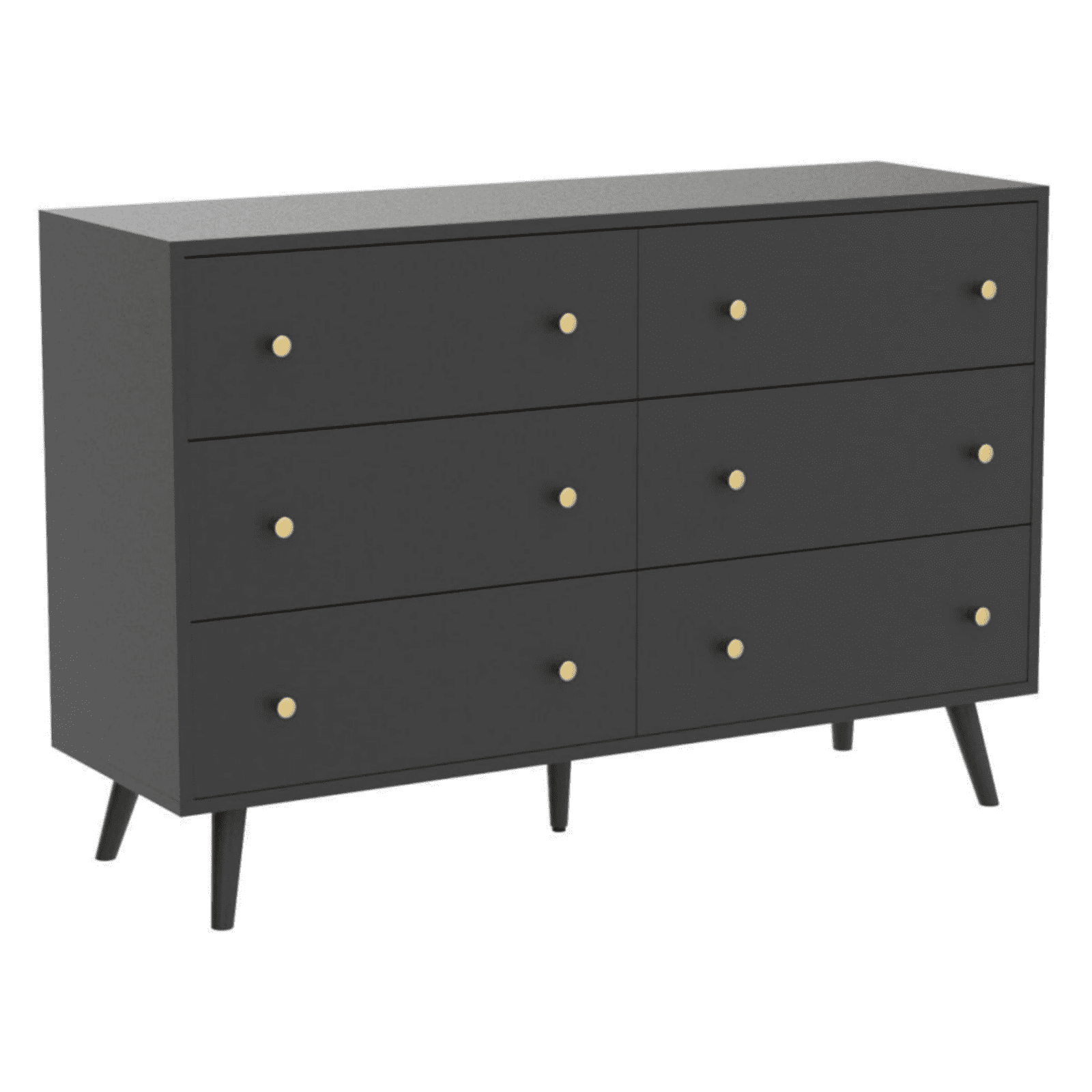 Black Modern 6-Drawer Dresser with Gold Handles