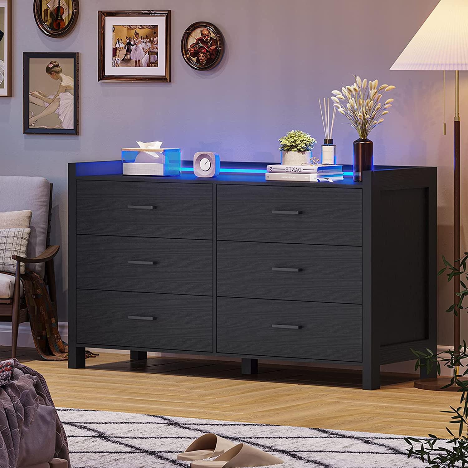 6 Drawer Double Dresser with LED Lights for Bedroom, Modern Chest of Drawers for Living Room, Black