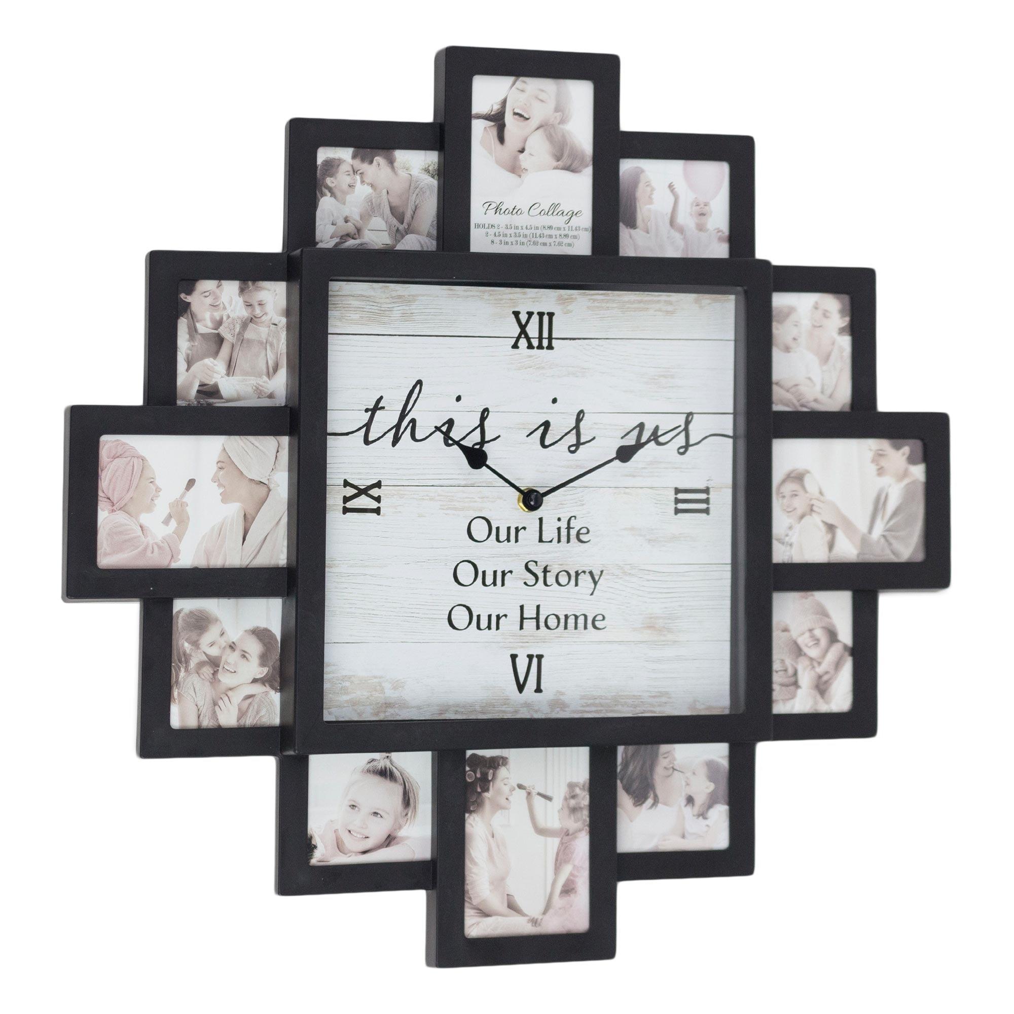 Farmhouse Shabby Chic 'This Is Us' Picture Frame Collage Wall Clock Black - American Art Decor: Memory Keeper, Round Analog Display