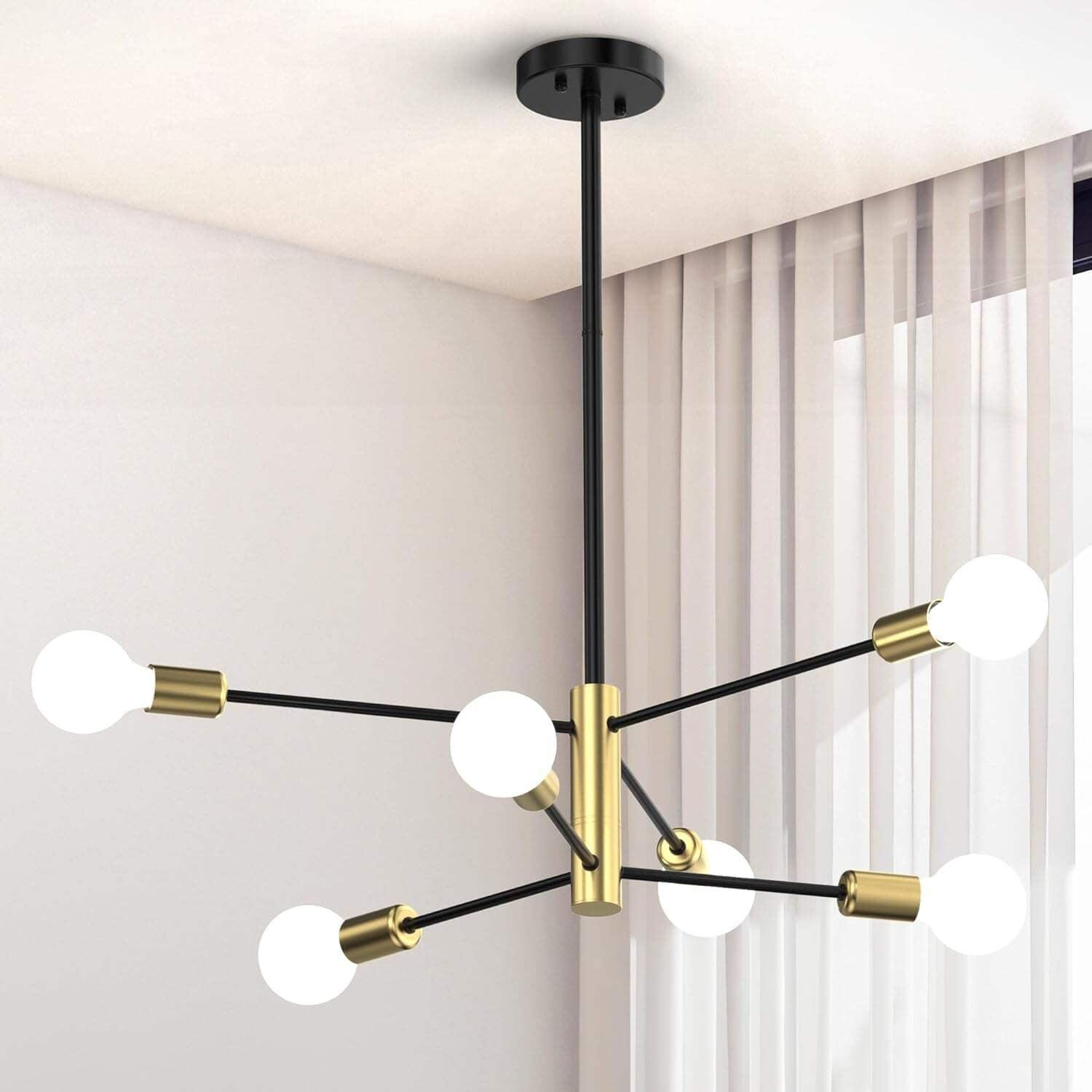 Black and Gold Modern Sputnik Chandelier Ceiling Light Fixtures, 6-Lights Mid Century Industrial Metal Semi Flush Mount Lamp for Bedroom Dining Room Living Room Kitchen Hallway Office