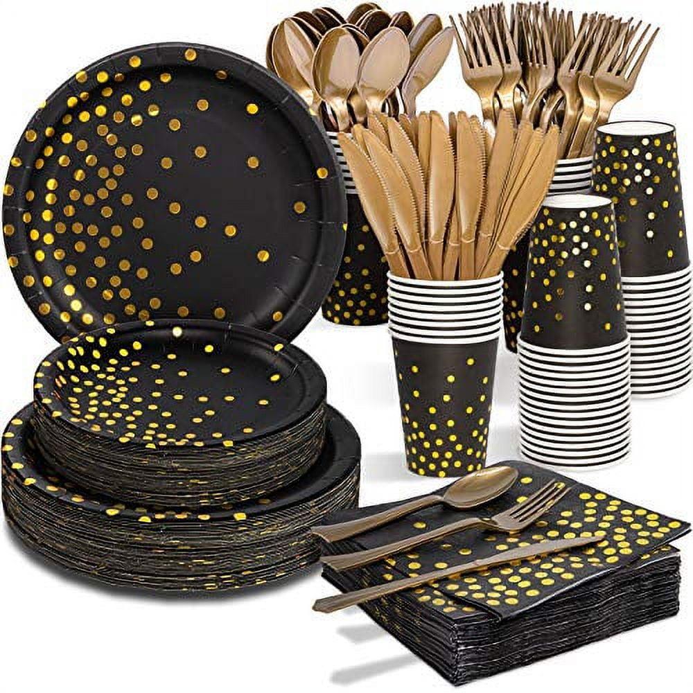 Black and Gold Party Supplies - 350 PCS Disposable Dinnerware Set - Black Paper Plates Napkins Cups, Gold Plastic Forks Knives Spoons for Birthday Christmas Halloween Thanksgiving New Years Eve Party