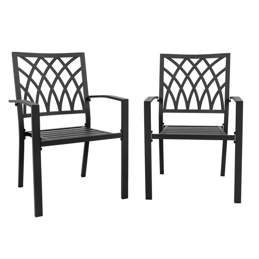 Black Iron Stackable Outdoor Patio Chairs with Lattice Design (2-Pack)