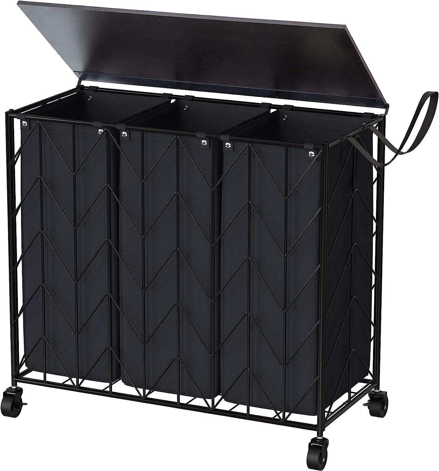 Black Laundry Basket with Wheels - 142L Capacity, 3 Section with Lid, Removable Bags