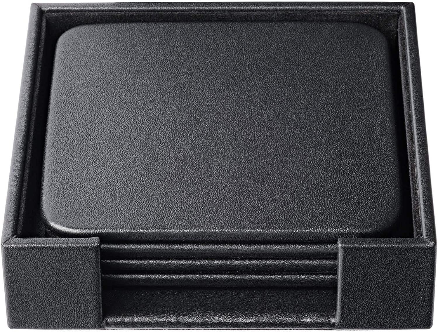 Black Leather 4-Inch Square Coaster Set with Holder