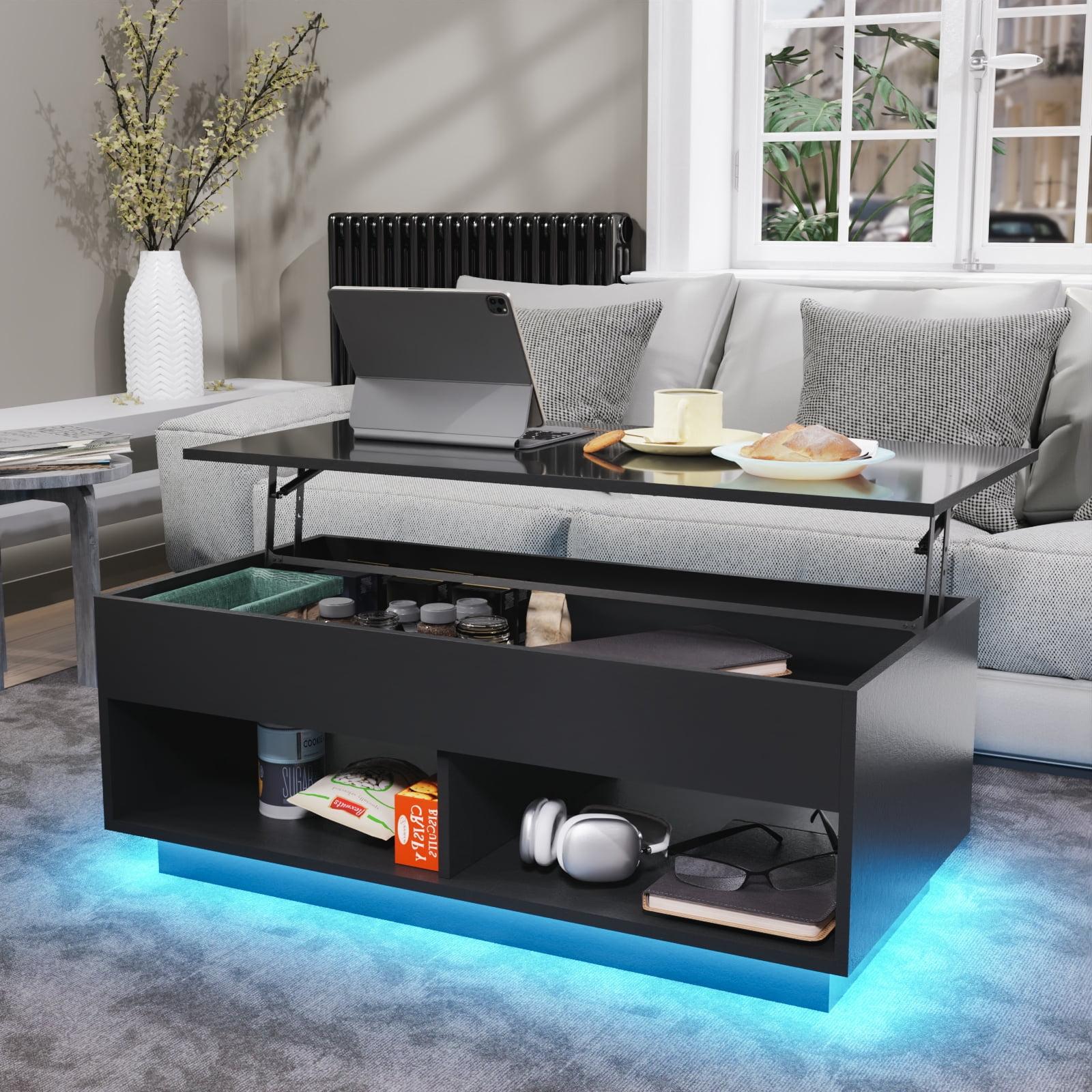 Black Particle Board Lift-Top Coffee Table with LED Lights and Hidden Storage