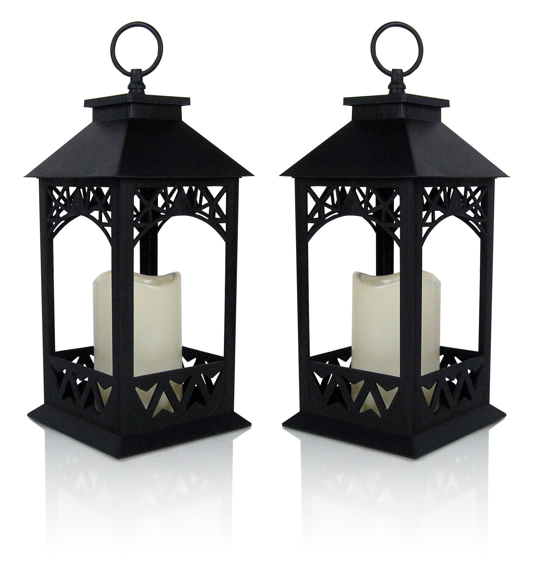 Black Lighted LED Lanterns with Lattice Design - Pillar Candle with 4 Hour Timer Included - Remote Control - Hanging or Sitting Decoration - Set of 2 - 13" H - 9605-2