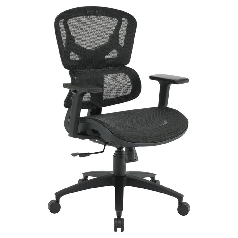 Black Mesh Back and Black Fabric Seat with Adjustable Arms on Black Nylon Base