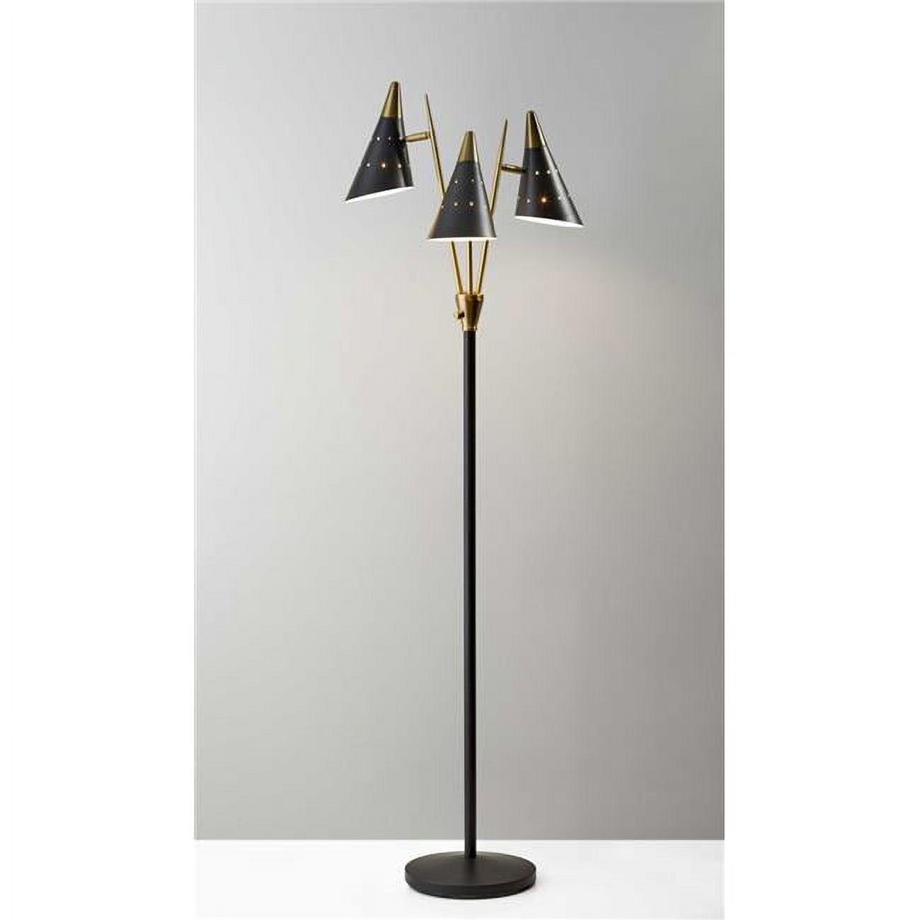 Mid-Century Modern Black Metal Floor Lamp with Antique Brass Accents