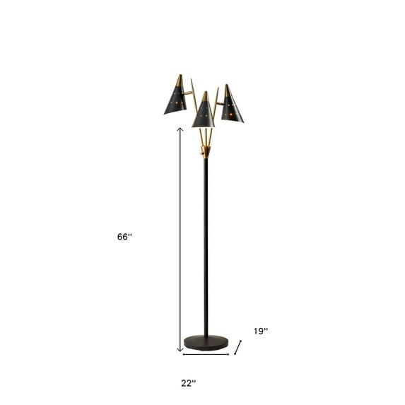 Black Metal Floor Lamp with Three Adjustable Antique Brass Accented Cone Shades