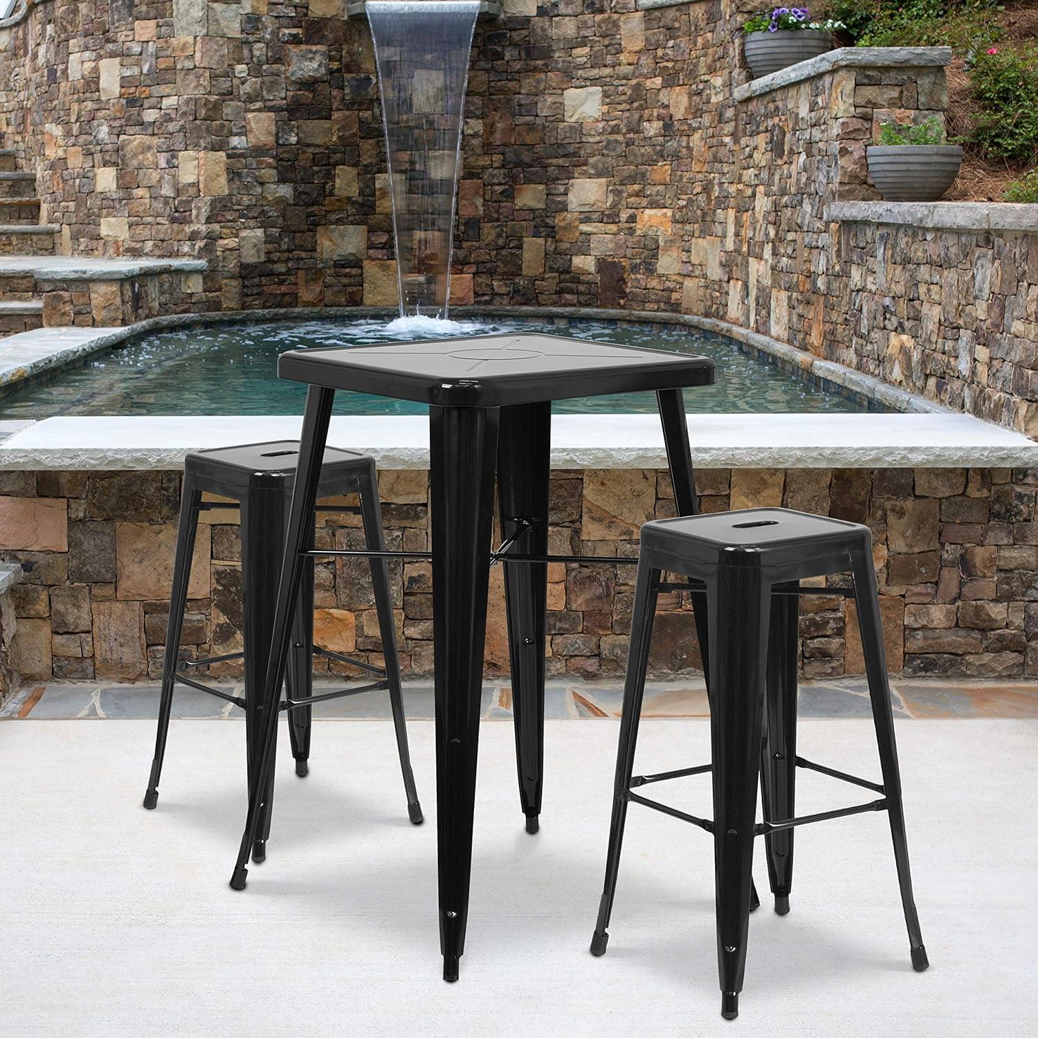 Black Steel Indoor-Outdoor Bar Table Set with 2 Stools