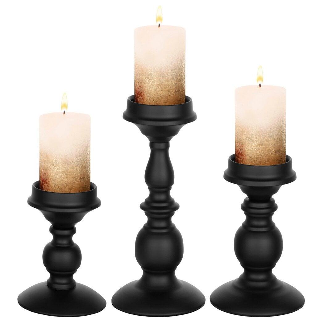 3 Pcs Black Metal Pillar Candle Holder, Iron Candle Stands, 5.3/6.8/9.1 Inches Tall Pillar Candle Holder Set,Scented Candle Stands, Retro Table Centerpiece Decor for Fireplace