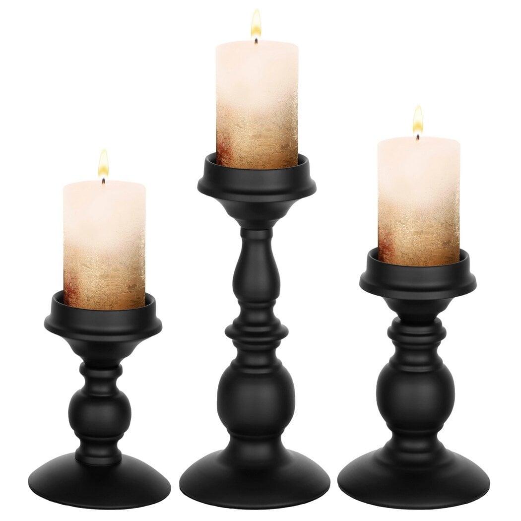 3 Pcs Black Metal Pillar Candle Holder, Iron Candle Stands, 5.3/6.8/9.1 Inches Tall Pillar Candle Holder Set,Scented Candle Stands, Retro Table Centerpiece Decor for Fireplace