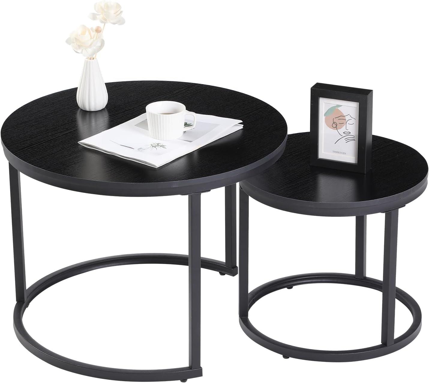 VASAGLE Round Coffee Tables, Set of 2 Nesting Tables, Modern Round Side Tables with Hidden Storage and Top Tray