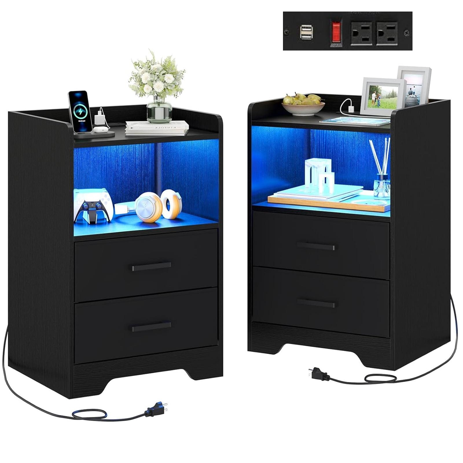 Black Nightstand Set of 2 with Outlets&USB Ports&LED Lights Modern Bedside Table Storage Cabinet with 2 Fabric Drawers for Bedroom