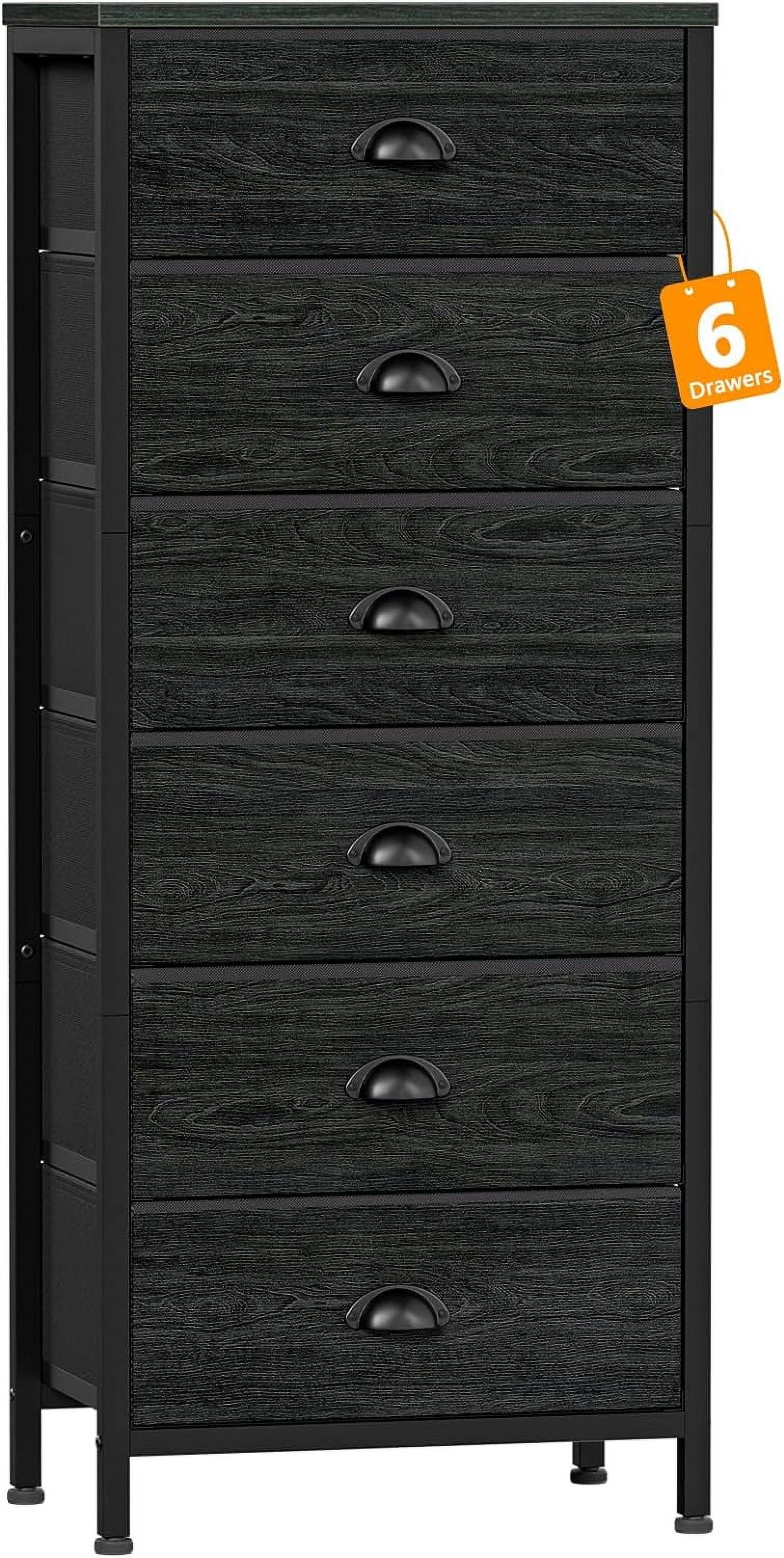 Black Oak Tall Dresser with 6 Drawers and Metal Frame