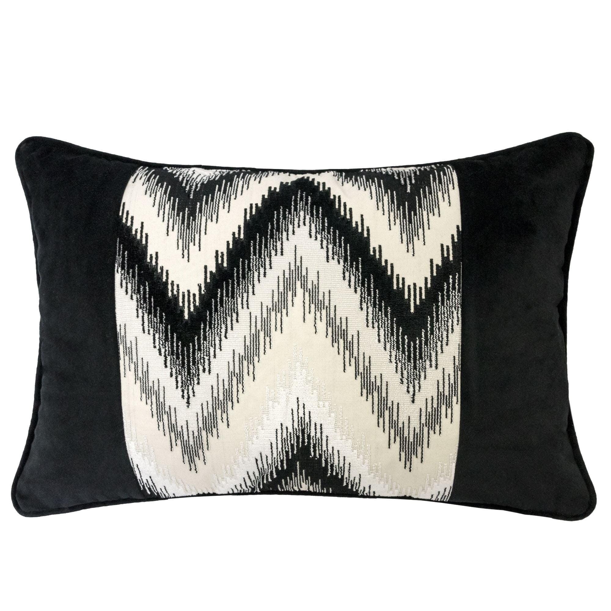 Elegant Black Velvet Round Zig-Zag Liner Sofa Throw Pillow