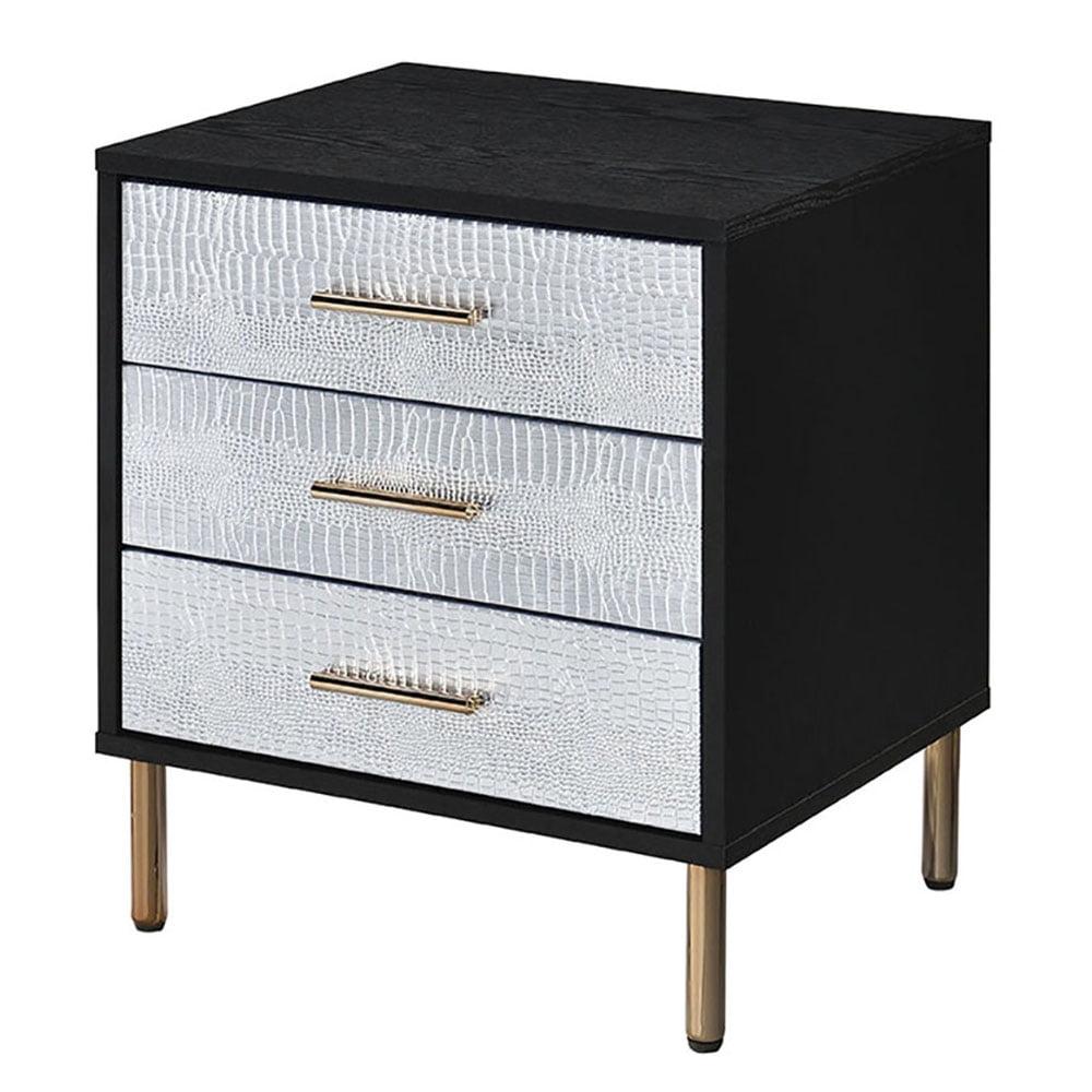 Black, Silver, and Gold 3-Drawer Faux Crocodile Nightstand