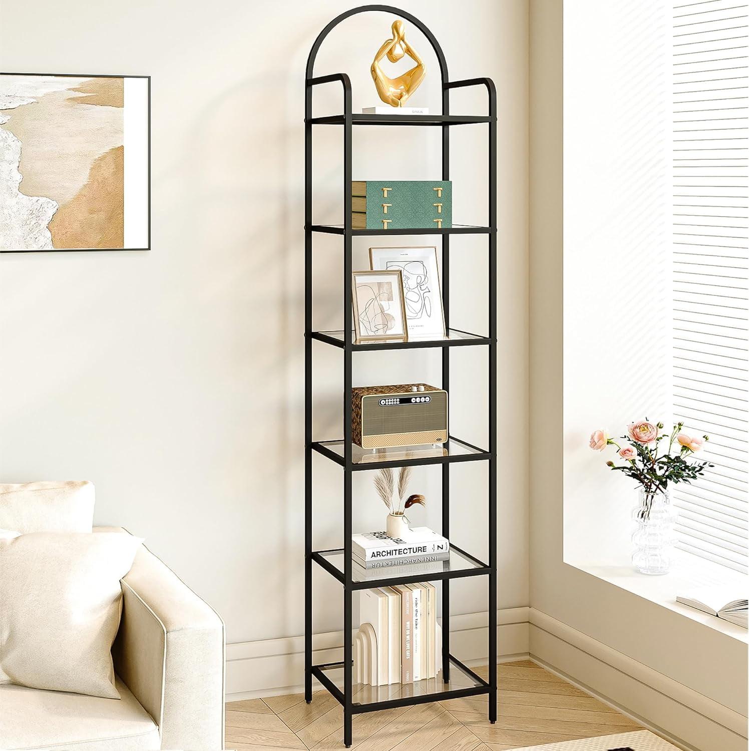 Bookcase Bookshelf, Tempered Glass Arched Bookshelf for More Storage, Slim Shelving Unit for Bedroom, Bathroom, Home Office, Steel Frame, 6 Tier Black BC20699B