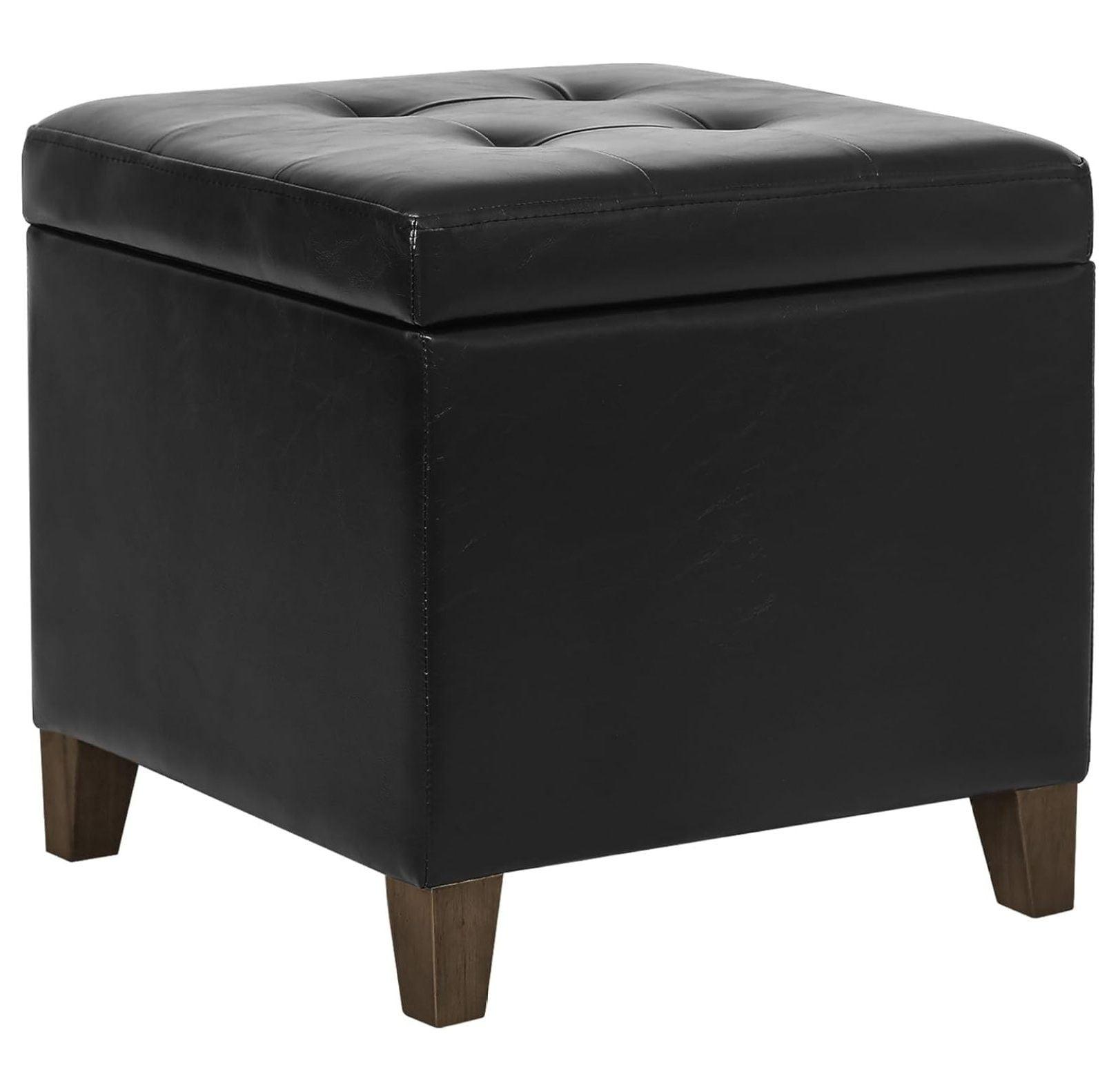 Black Tufted Faux Leather Square Storage Ottoman Footstool