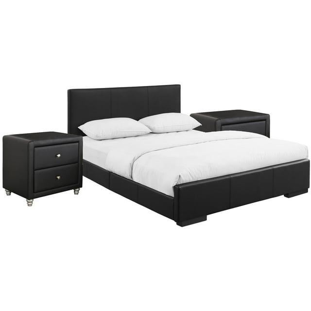 HomeStock Medieval Moods Upholstered Platform Bed, Black, King with 2 Nightstands