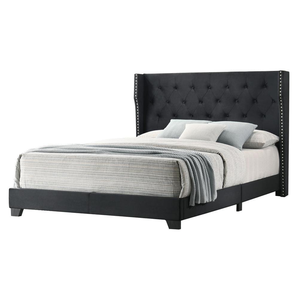 Black Velvet Panel Bed with Tufted Headboard in Eastern King