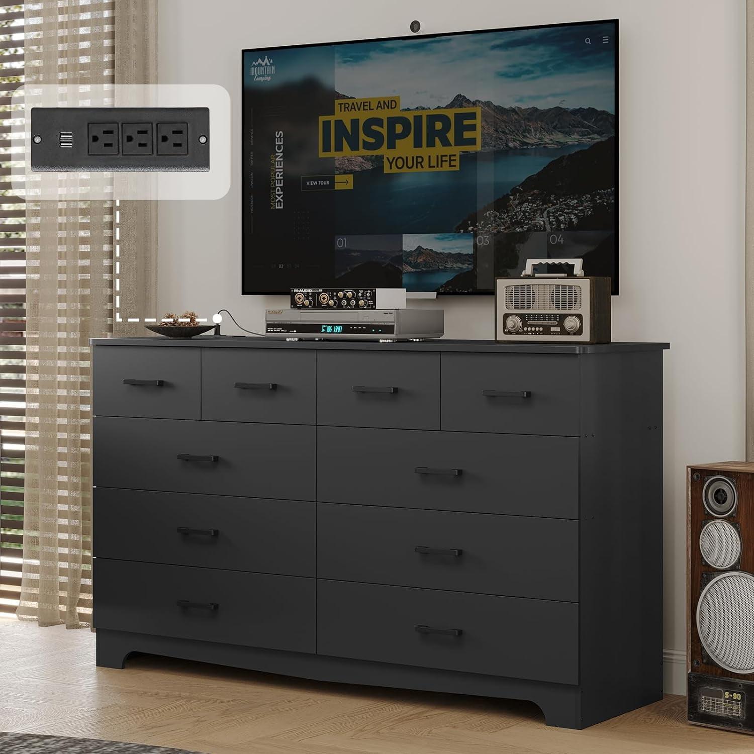 Black Wide Dresser with 10 Drawers and Power Outlets