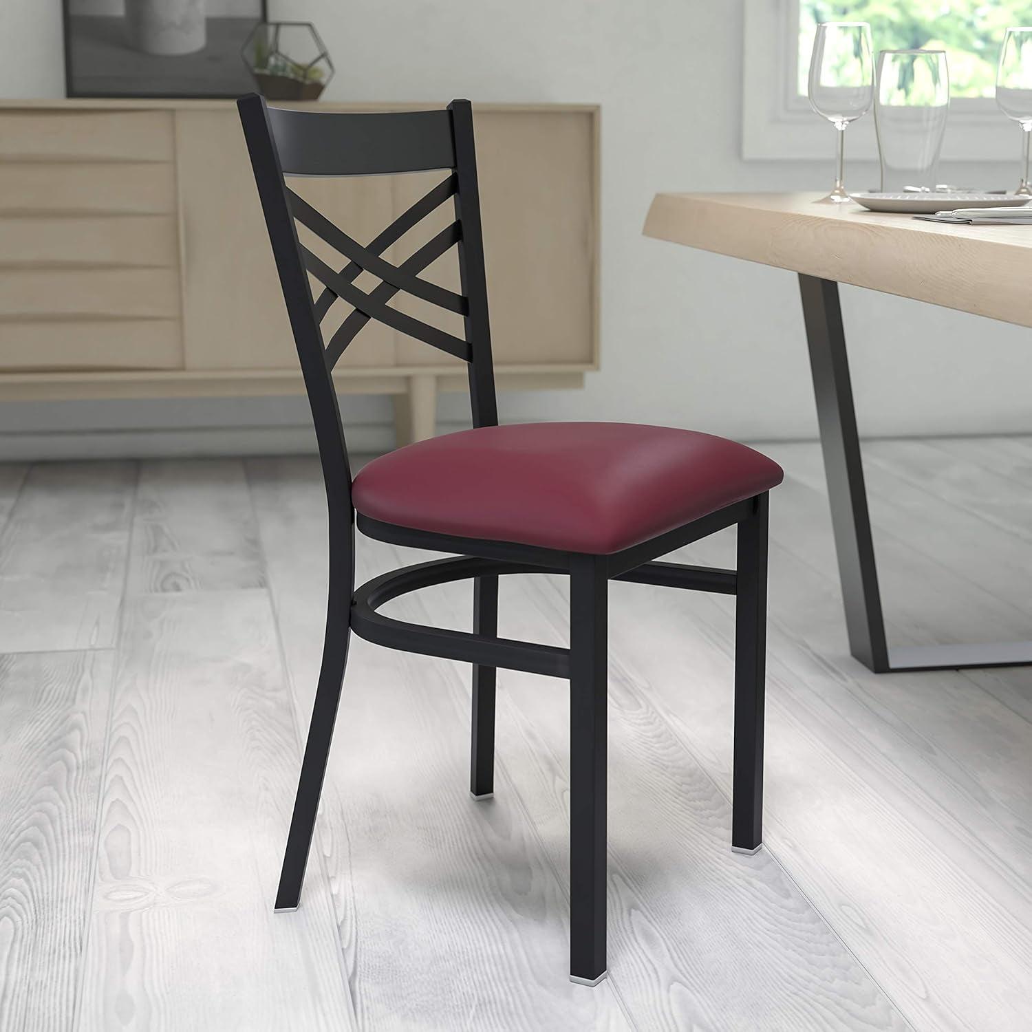 Elegant Burgundy Vinyl and Black Steel Cross Back Side Chair