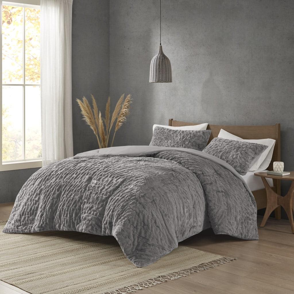 Gray Ruched Faux Fur Down Alternative Comforter Set Full