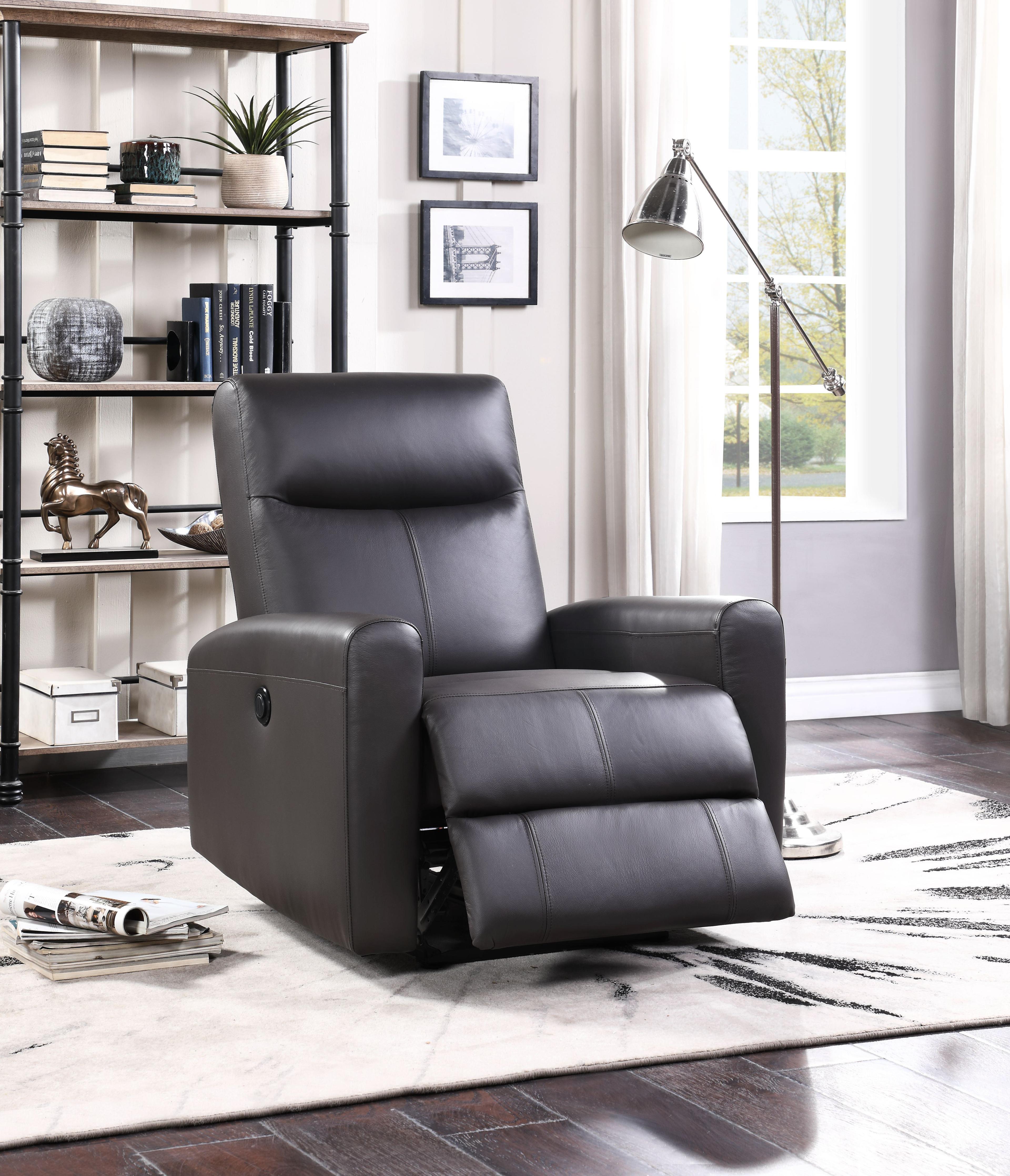 Compact Elegance Brown Top Grain Leather Recliner with Wood Accents